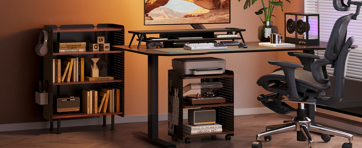 Стіл для принтера Fenge з колесами, мобільний тримач для принтера з перфорацією, 3 рівні, стійка для принтера/роликовий контейнер з органайзером, полиця, шафа для документів, для офісу та дому, 45,3x33,5x53,5 см (Дуб+Білий)