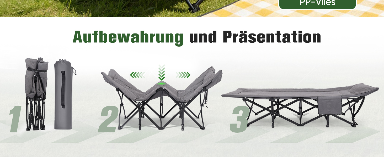 Складане кемпінгове ліжко Sekey з матрацом та бічною кишенею, 190 x 71 x 36 см, поширена шезлонг-ліжка для відпочинку на природі, в саду, на фестивалях та в подорожах