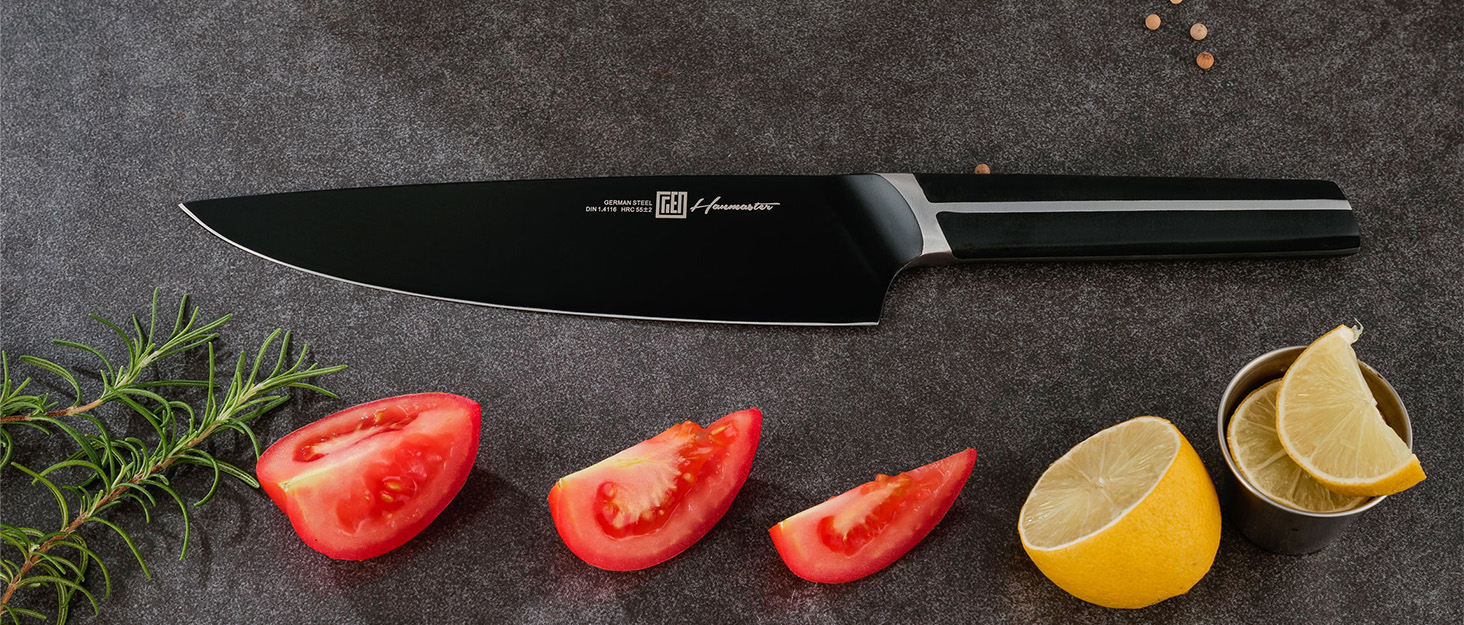 Набір ножів 14 предметів з бруском, кухонний набір ножів з дерев'яним бруском, леза з німецької сталі X50CrMoV15 (шеф-ніж, сантоку, ніж для стейка, ніж для овочів, ножиці). Чорний колір.