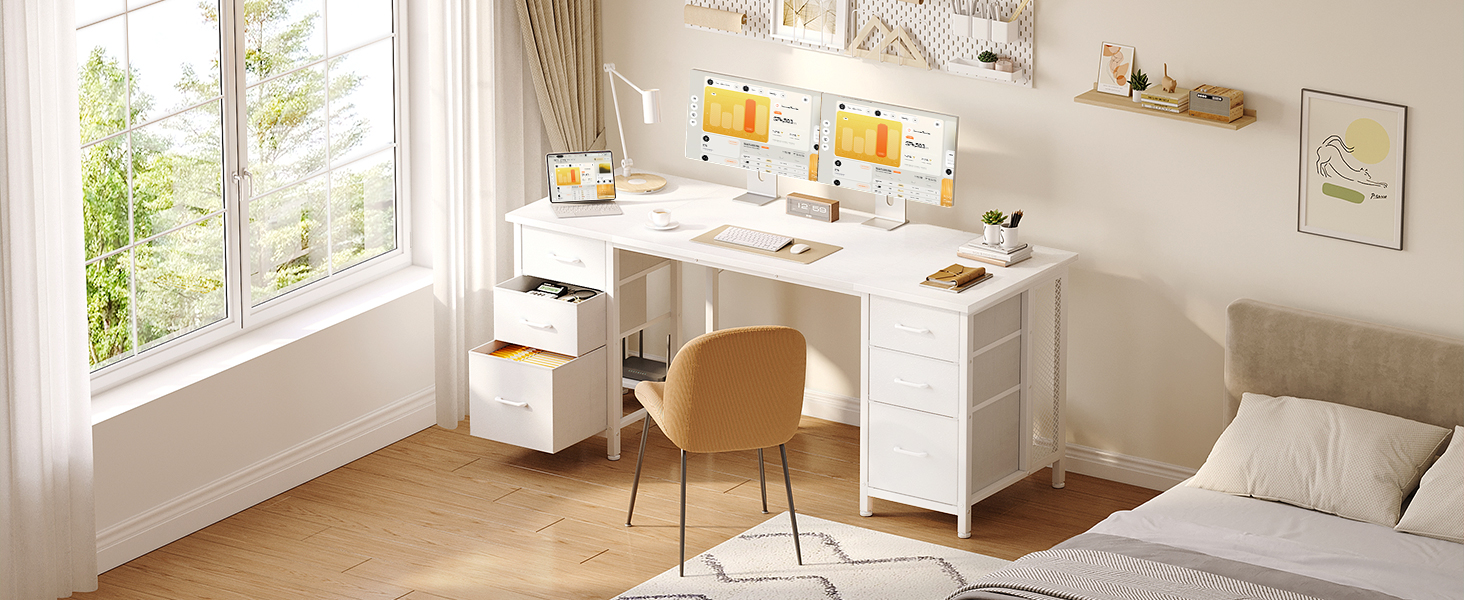 Комп'ютерний стіл Coleshome білого кольору з 6 шухлядами та полицями, 160x52 см, для дому та офісу