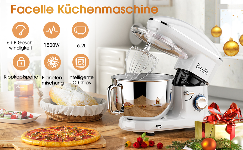 Кухонна машина Facelle 1500W з нержавіючою чашею 6.2 л, 6 швидкостей, міксер для тіста, планетарний міксер