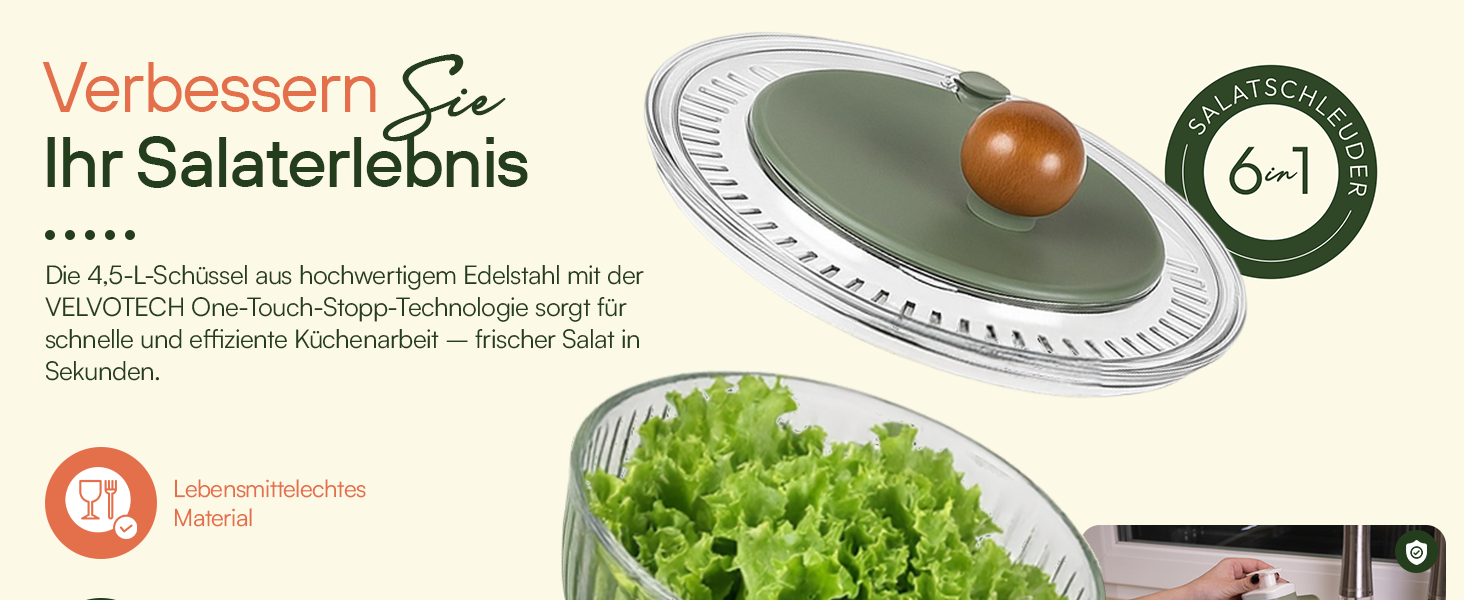 Салатниця-швидкокрутка VELVOMAX 6в1 з нержавіючої сталі, 4.5L - 6 функцій: нарізник овочів, сервіровочна чаша та спіннер для салатів. Можна мити в посудомийній машині, з антиковзним дном та кришкою. Ідеально для любителів готувати.