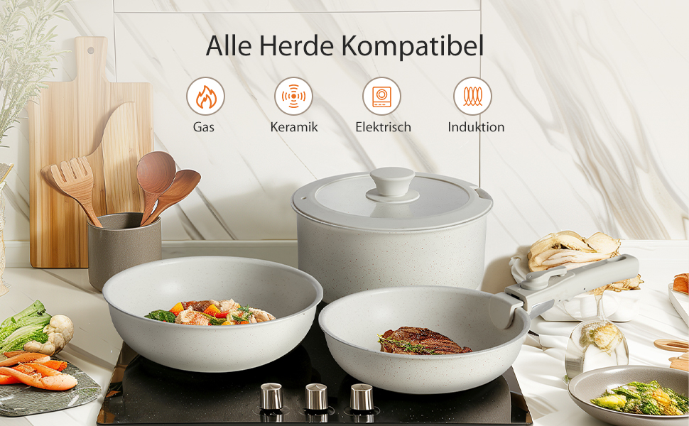 Набір посуду Sweetcrispy: 12 предметів (сковороди, каструлі) з антипригарним покриттям, для індукції та духовки, 20/26 см, 18/20 см, 26 см, знімні ручки, бежевий