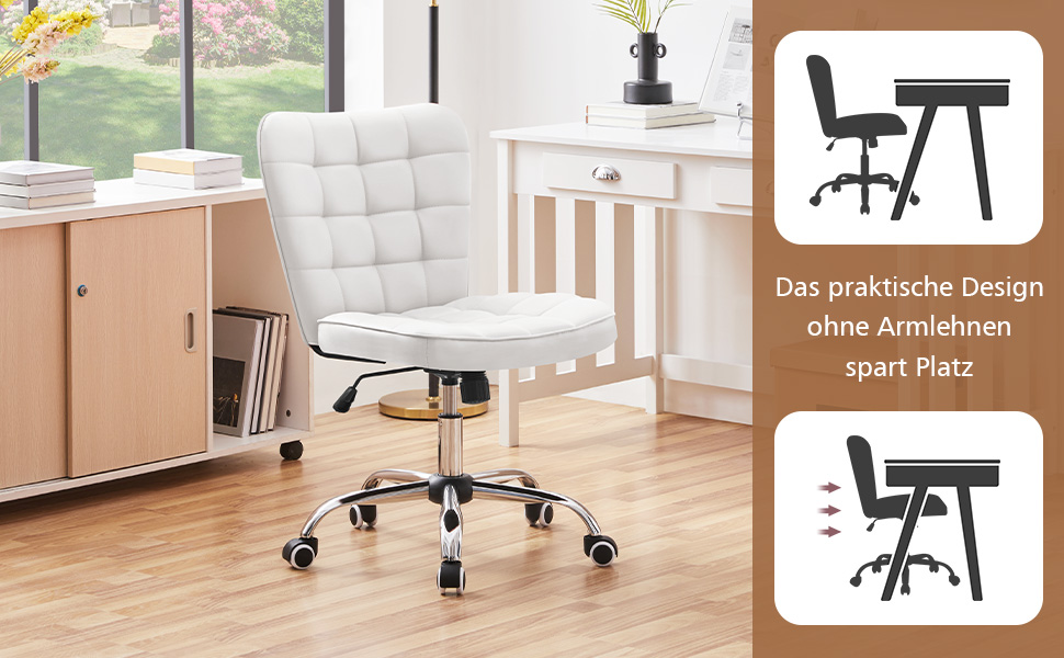 Крісло офісне Yaheetech без підлокітників, обертове, регульоване по висоті, на роликах, штучна шкіра, біле