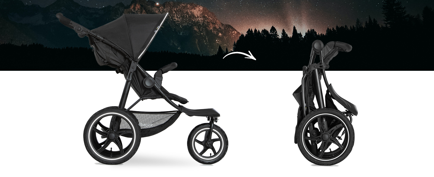 Дитяча коляска-візок Hauck Runner 2, чорний - робастний триколісний візок з XL повітряними колесами, амортизацією, захистом від сонця SPF 50+, великим москітним вікном, регульованою ручкою, з функцією рекліну для дітей від народження до 22 кг, складаний чорного кольору