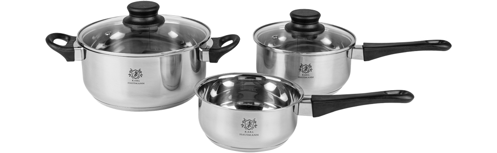 Набір каструль з нержавіючої сталі Induktion 3-х частинний - для всіх типів плит - з кришкою з термостійкого скла - з мірною шкалою