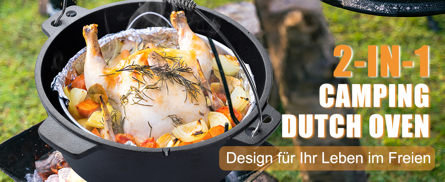 Чавунний казан (Dutch Oven) з кришкою-сковорідкою, набір 9 л, передзагартований казанок з ручкою-знімачем для outdoor та indoor, чорний