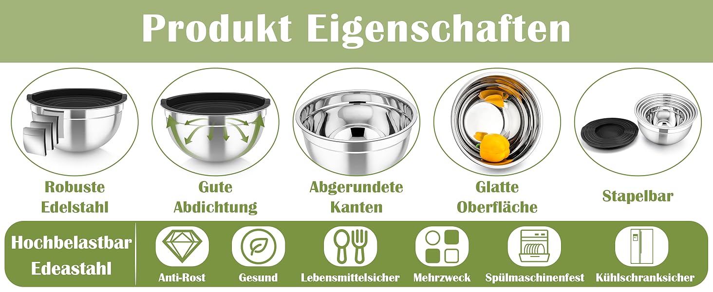 Набір салатниць TEAMFAR 6 шт. з нержавіючої сталі з кришками та силіконовими ніжками, 0,7L/1,5L/1,6L/2,5L/2,8L/4,6L, з терками, чорний