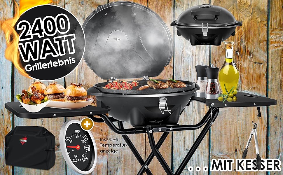 Електричний гриль KESSER® 2в1: настільний та напольний | 2400 Вт | Складаний | з термостатом, антипригарним покриттям та аксесуарами | Чорний