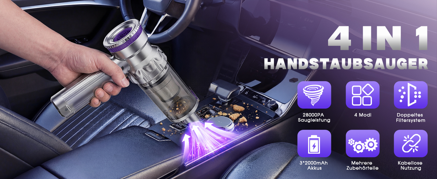 Бездротовий автомобільний пилосос Ortiny 28000Па, ручний міні-пилосос 4 в 1 з безщітковим двигуном та самоочищенням контейнера, для авто, дому та кухні, сріблясто-фіолетовий