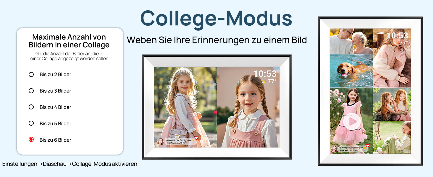 Цифрова фоторамка Frameo 10.1 дюймів WLAN, Full HD IPS сенсорний екран 1280x800, 32GB пам'ять, автоматичний поворот, можливість монтажу на стіну, керування через додаток Frameo (Чорна з білою рамкою)