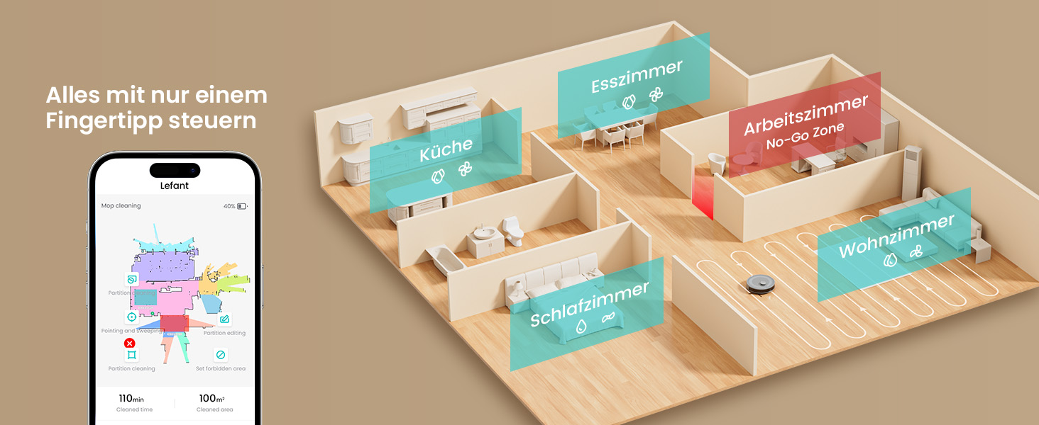 Робот-пилосос LEFANT M2 з функцією миття, LiDAR-навігація, зони заборони, потужність 6000Pa, час роботи 140 хв, багатоступеневе мапування, для шерсті тварин, килимів та твердих підлог M2-G
