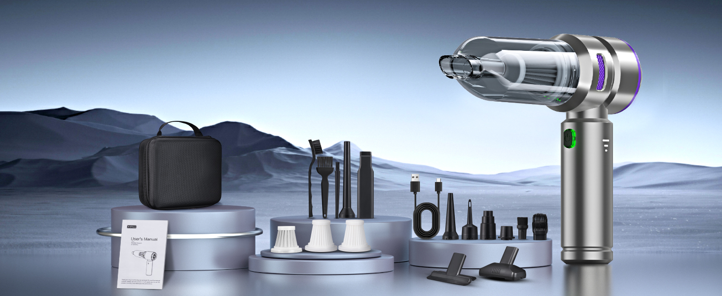 Акумуляторний ручний пилосос 4-в-1 для авто та дому, бездротовий пилосос з потужністю 28000Па та електричним обдувом (3 режими, 24000 об/хв) для прибирання салону, кухні, ПК та диванів