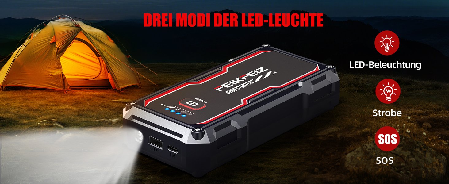 Автомобільний зарядний пристрій FEIKFEIZ Auto Starthilfe Powerbank, пусковий пристрій 6000A 26800mAh для 12V акумуляторів (бензин та дизель до 8.0L), з USB-портом та LED-ліхтарем