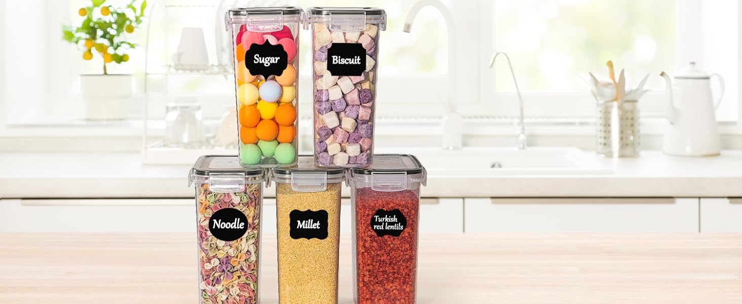 Набір контейнерів для зберігання GoMaihe (24 шт) з герметичними кришками: контейнери для продуктів з етикетками та маркером | Коробки для зберігання на кухню для мюслі, борошна, кукурудзяних пластівців та цукру | Без BPA | Можна мити в посудомийній машині, чорний - 24 шт.