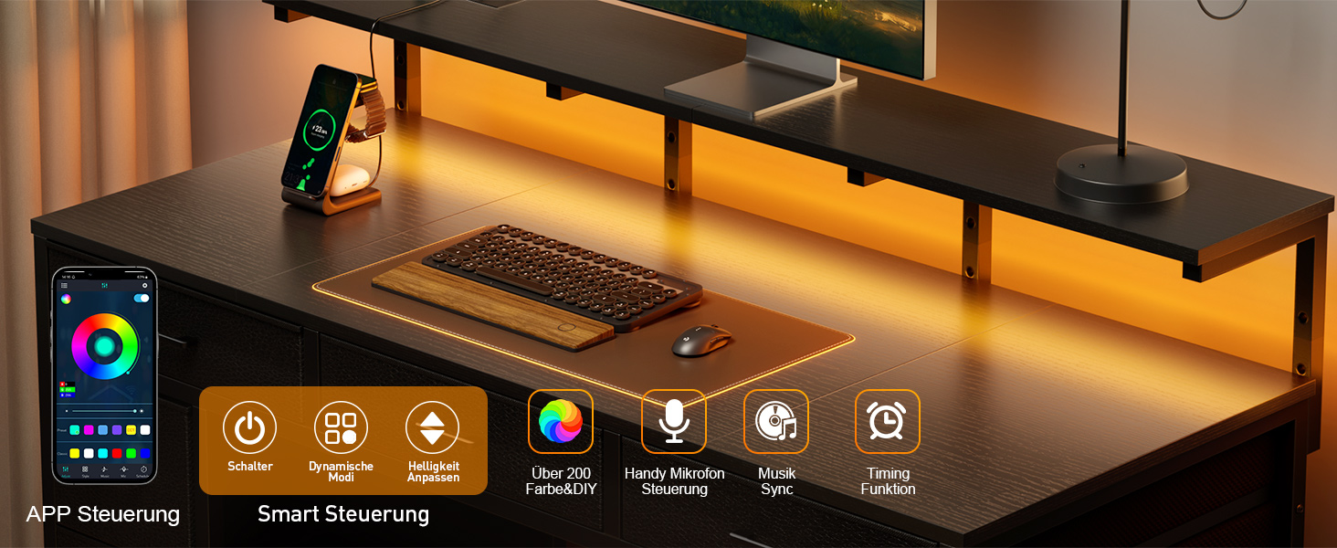 Комп'ютерний стіл з 8 висувними ящиками, 2 розетками, 2 USB-портами, LED-підсвічуванням та підставкою для монітора, 120 x 50 x 74 см (Чорний)