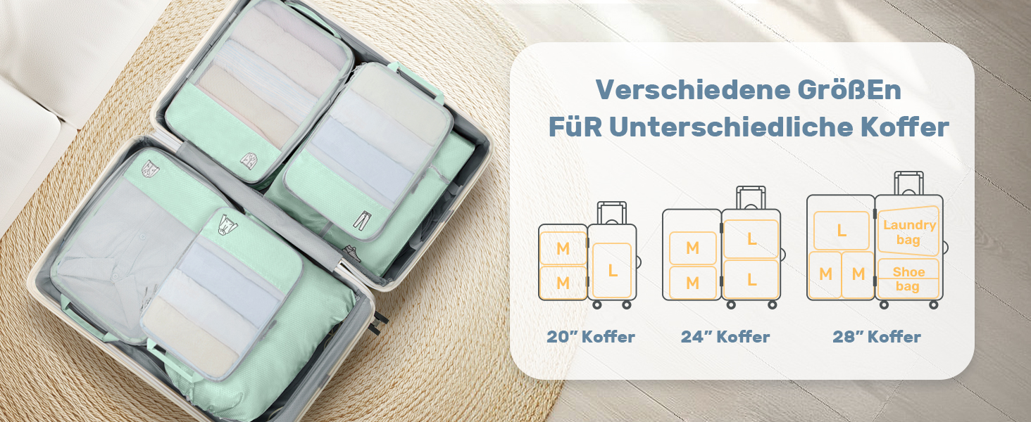 Набір компресійних органайзерів для подорожей Packing Cubes, 8 шт, для валізи та рюкзака, м'ятно-зелений