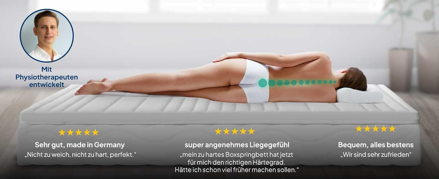 Преміум-матрац з підтримкою шиї AM, регульована висота, ефект охолодження, чохол з Tencel, Made in Germany, сертифікат Oeko-TEX, з гелевим та віскоеластичним шарами, білий