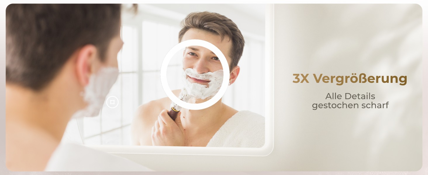 Дзеркало для ванної кімнати з підсвічуванням LED 80x60 см, регульоване, 3 колірні температури (3000K/4000K/6500K), антизапарник, вертикальна/горизонтальна установка, з 3x збільшенням