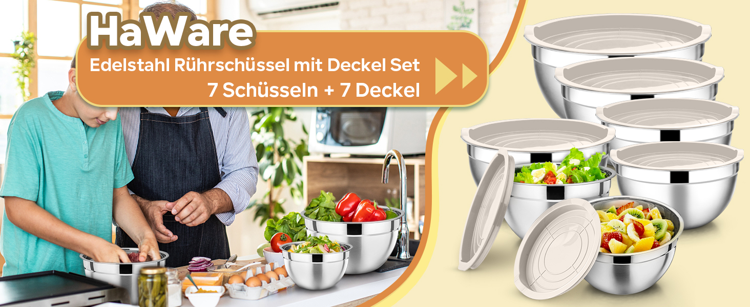 Набір мисок HaWare 7 шт. з нержавіючої сталі з кришками, 6.5/4.5/3/2.5/1.5/1.2/0.7L, для приготування, випікання, салатів, миття в посудомийній машині, Khaki/Нержавіюча сталь