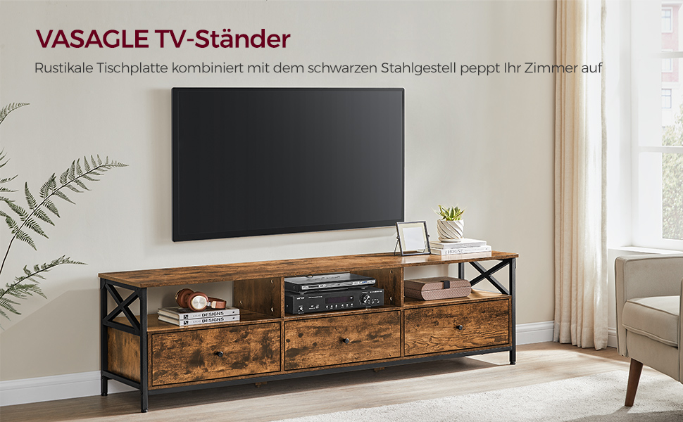 Тумба під телевізор VASAGLE до 80 дюймів, з 3 шухлядами та 3 полицями, 178x40x50 см, вінтажний коричнево-чорний, сталевий каркас
