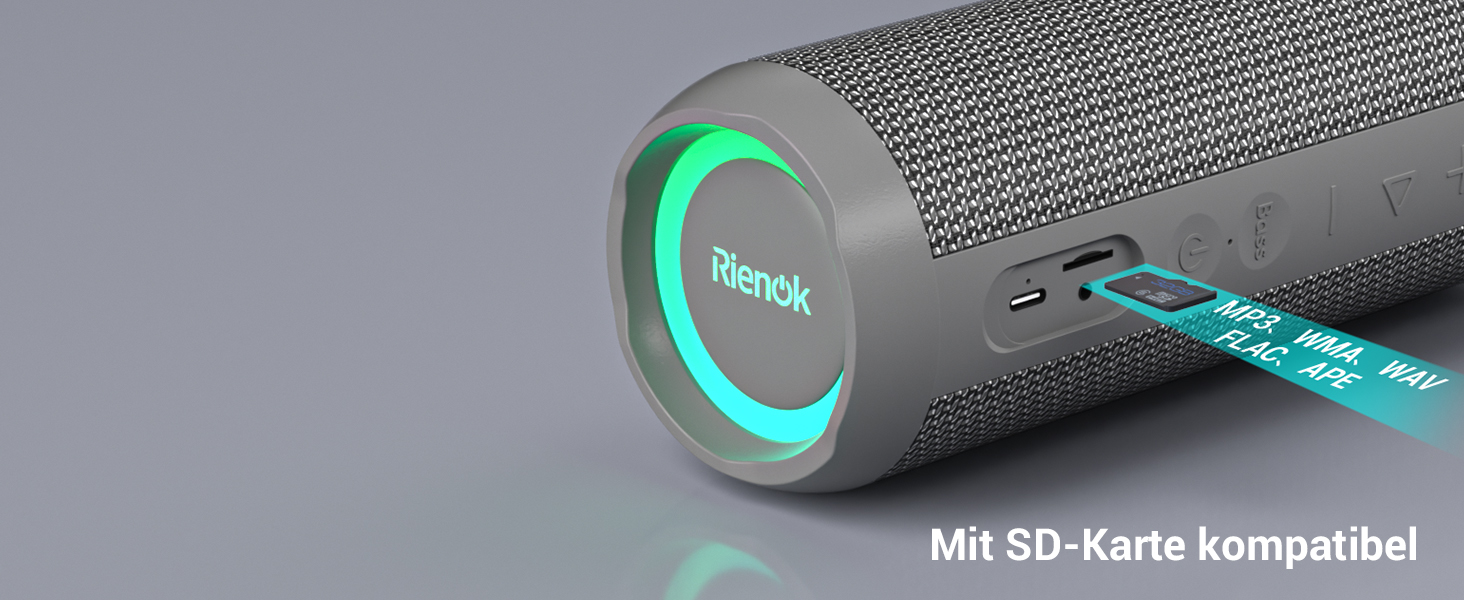 Портативна Bluetooth колонка RIENOK з підсвіткою, IPX7, 3600 mAh, баси, стерео звук (Сірий)
