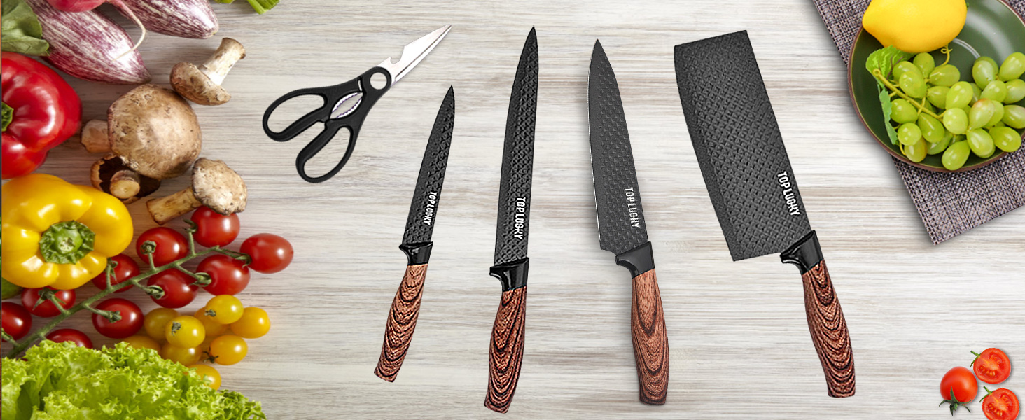 Набір кухонних ножів, 6 предметів, чорний, гострий, з антипригарним покриттям, нержавіюча сталь, з підставкою (Khaki)