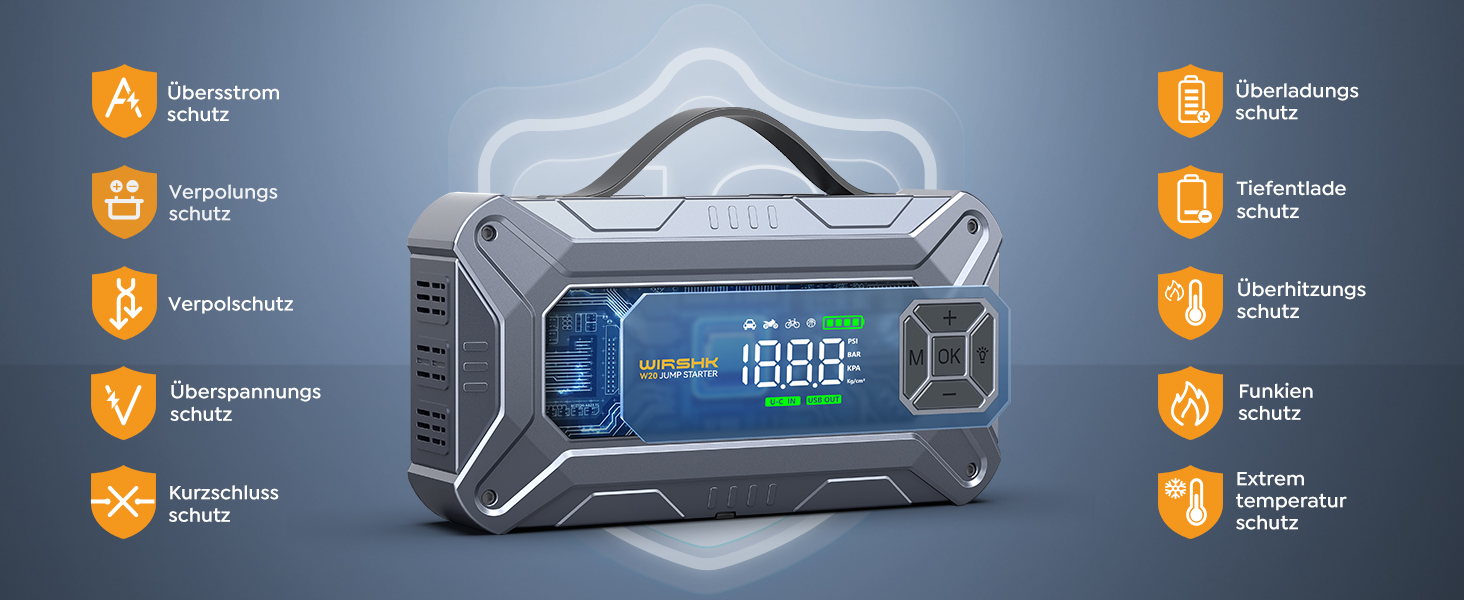 Портативний пусковий пристрій 8000A з повітряним компресором 160 PSI для бензинових та дизельних двигунів (до 10л), з дисплеєм та аварійною світлодіодною лампою