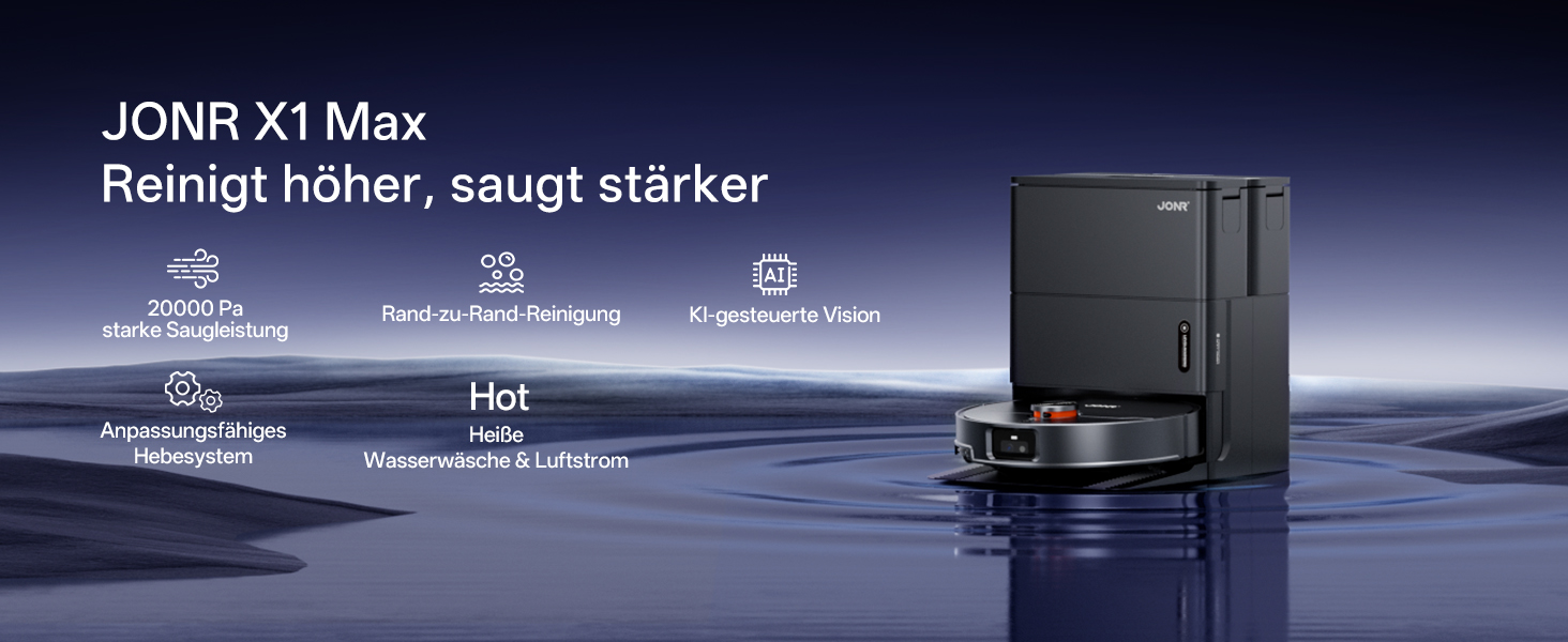 Робот-пилосос JONR X1 Max з функцією миття, 20000 Па, перешкоди 30 мм, миття гарячою водою 75°C, швидке сушіння гарячим повітрям 45°C, уникнення перешкод за допомогою ШІ та 360° навігація
