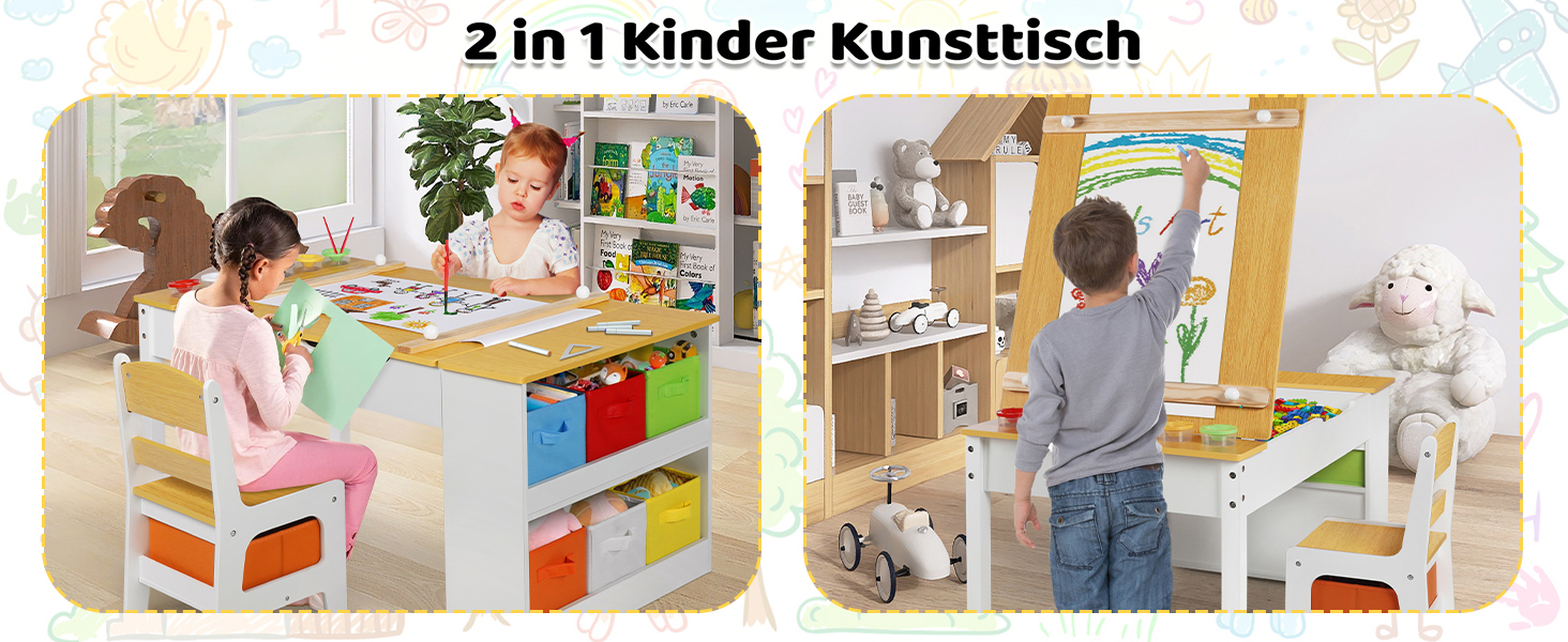 Дитячий стіл Kinder-Kunsttisch Set з 2 стільцями - дерев'яний набір для творчості для малюків з регульованою стільницею, відрами для пігментів та 8 тканинними ящиками для зберігання (Натуральний)