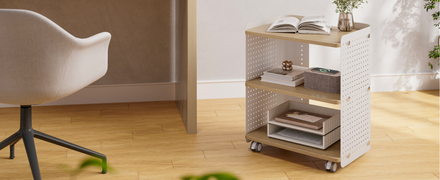Стіл для принтера Fenge з колесами, мобільний тримач для принтера з перфорацією, 3 рівні, стійка для принтера/роликовий контейнер з органайзером, полиця, шафа для документів, для офісу та дому, 45,3x33,5x53,5 см (Дуб+Білий)