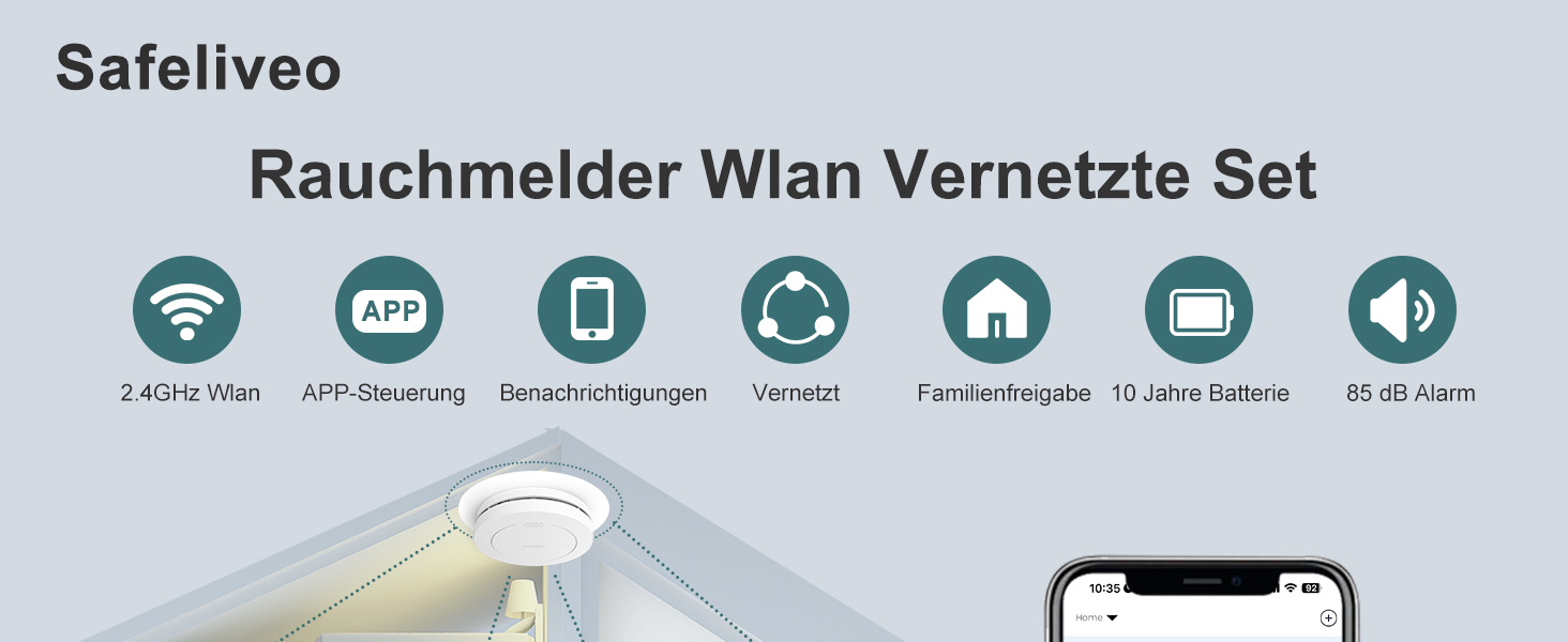 Набір димових сповіщувачів Rauchmelder 5 шт. з базовою станцією, Wi-Fi, 10 років роботи батареї, 85dB, білий