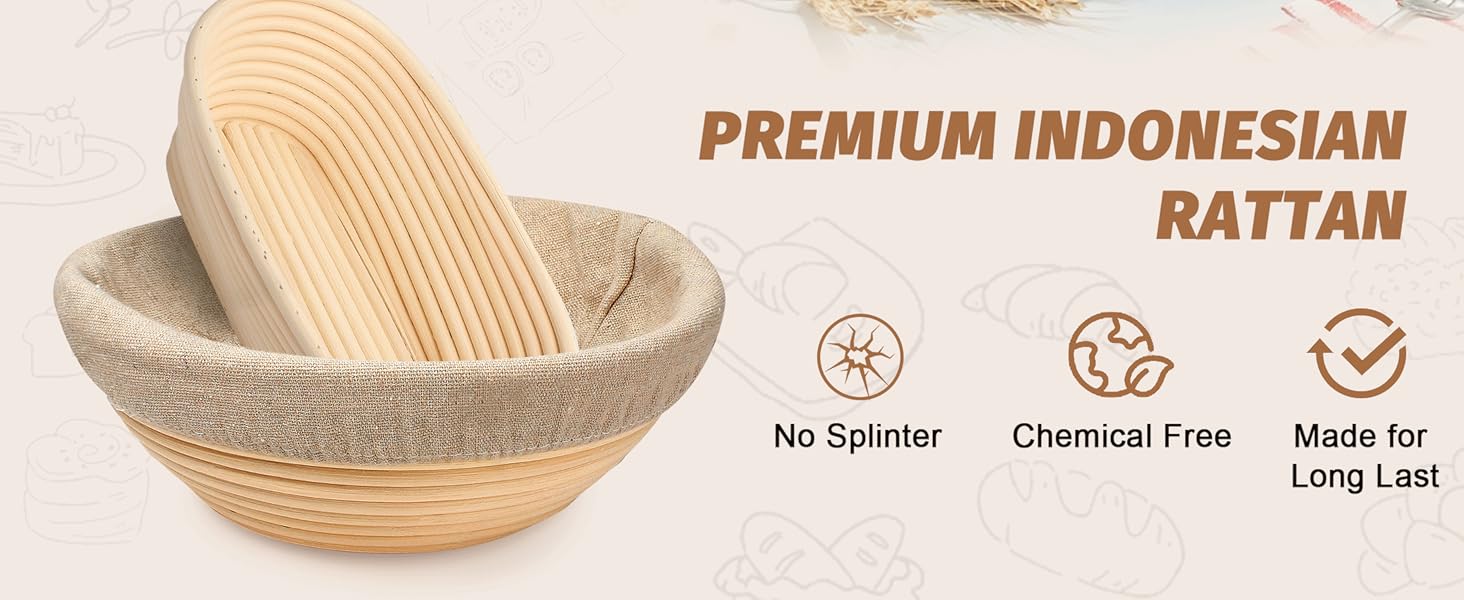 Набір для випічки хліба Brot: 2 корзини (23см круглі, 25см овальні), тейгшкребок, мішалка, тканинний вкладиш & лам, 100% ротанг