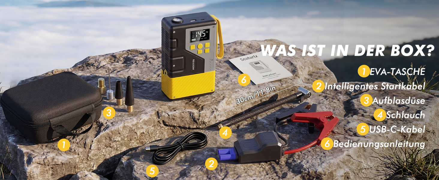 Пусковий пристрій Powerbank Jump Starter з компресором для шин 3000A, 150 PSI, LCD-дисплеєм та LED-ліхтарем (Жовтий)