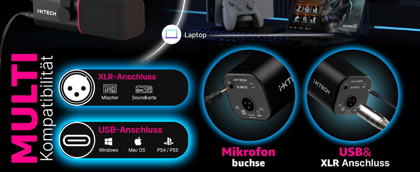 Динамічний мікрофон IXTECH з кардіоїдною діаграмою, RGB підсвічуванням, USB/XLR для студії, подкастів, стрімів, вокалу, озвучування, білий (чорний, M)