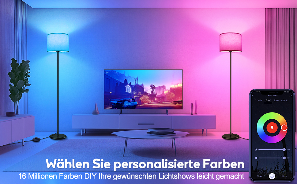 LED торшер димований RGB 156 см для вітальні, управління через додаток, сумісний з Alexa/Google Assistant, 16 млн кольорів, DIY-режим, музичний режим, WiFi лампа E27