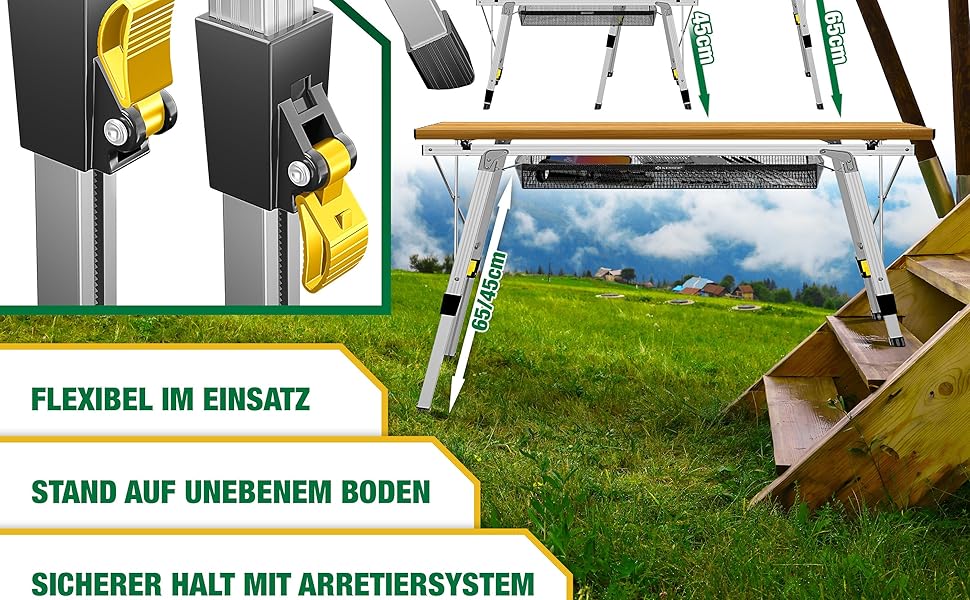 Зручний складаний столик KESSER® для кемпінгу з алюмінієвим каркасом та регулюванням висоти, 90x53 см, до 100 кг, з сумкою та сітчастою кишенею, з імітацією дерева