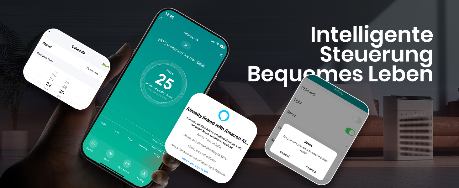 Повітряний очисник для алергіків та курців, CADR 340 м³/год, монітор PM 2,5, WiFi та Alexa, 4 режими