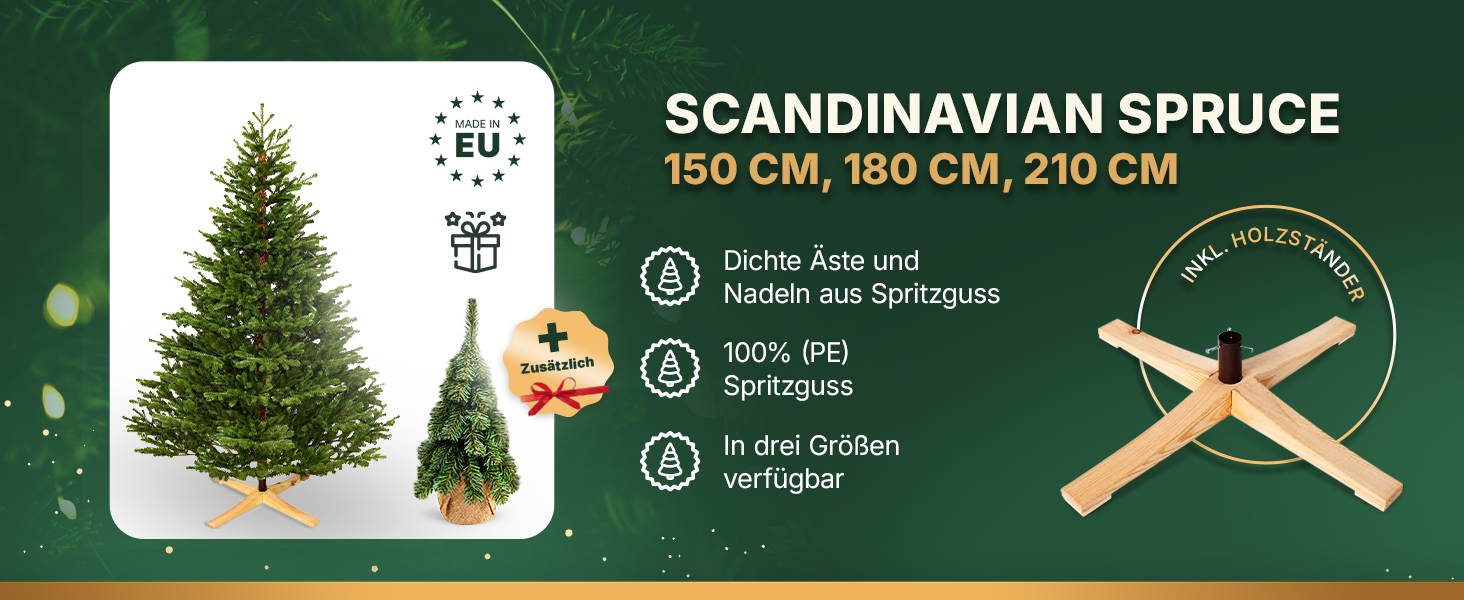 Штучна ялинка TreesHouse Scandinavian Spruce 180 см, реалістична зелена хвоя, підставка з FSC-дерева