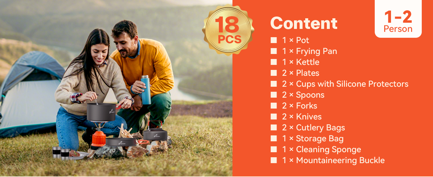 Набір посуду для кемпінгу на 2 особи: каструля, сковорода, чайник, тарілки, чашки, столові прибори (Löffel, Gabeln) для пікніків, походів та кемпінгу