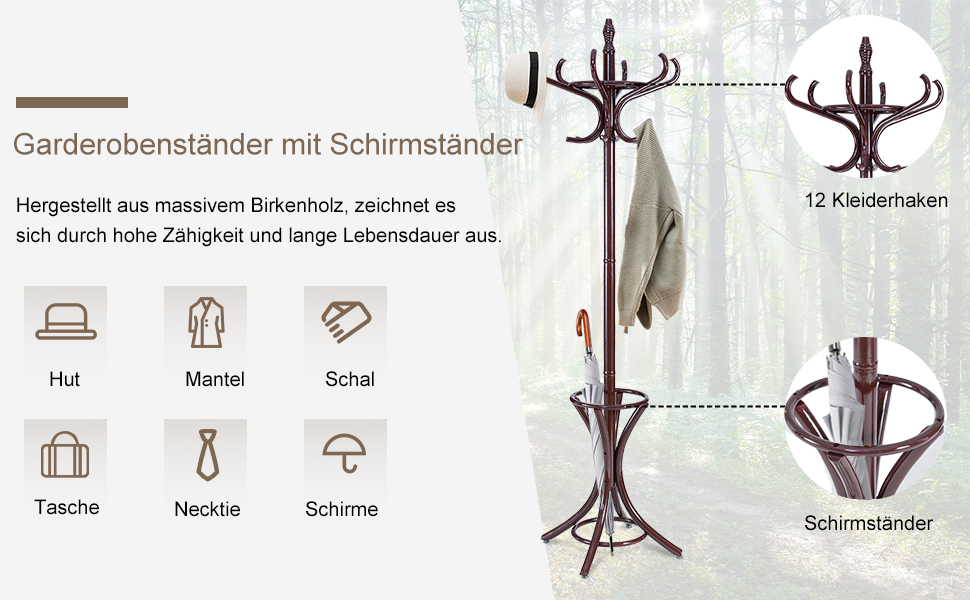 Стойка для одягу GIANTEX з підставкою для парасольки, дерев'яна, 12 гачків, для прихожей/вітальні (чорна)