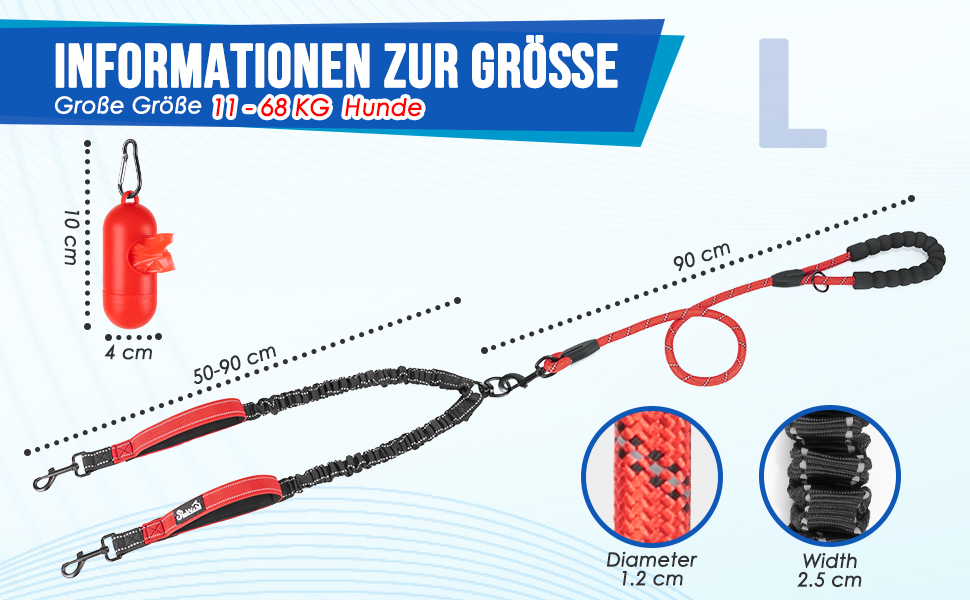 Повідець для собак SlowTon-обертовий на 360 світловідбиваючий подвійний повідець для 2 собак з двома м'якими ручками, зручний амортизуючий повідець для дресирування собак на прогулянці для великих собак (25-150 фунтів) л Червоний