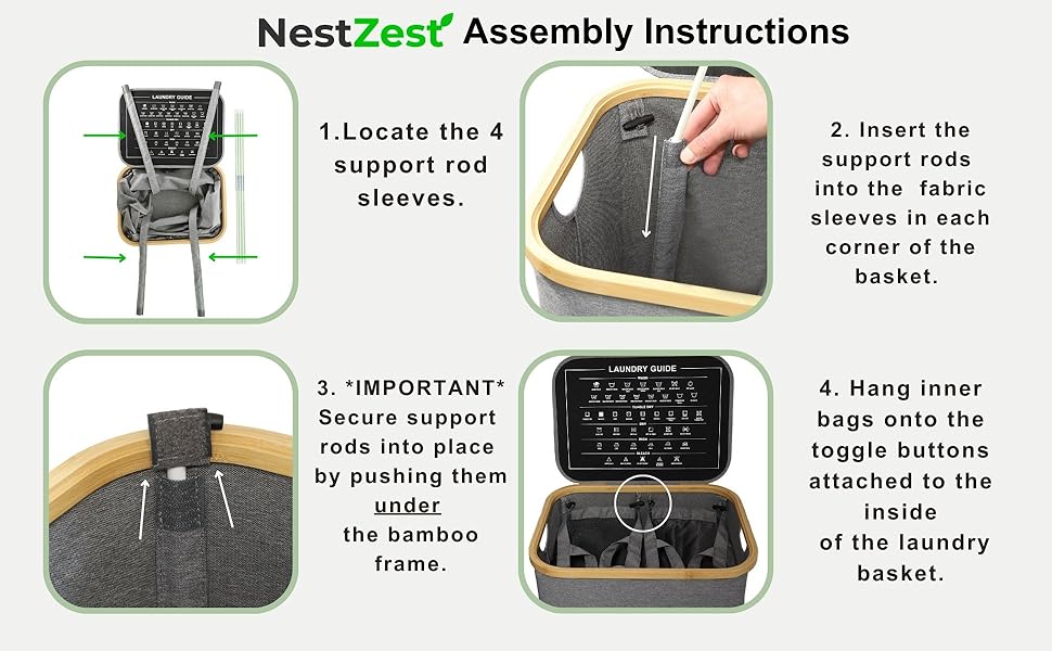 Кошик для білизни Nest Zest 100L з кришкою, 2 відділення для сортування, з інструкцією по догляду та 2 знімними внутрішніми кишенями, з бамбуковим обідком, Оксфордська тканина (Сірий)