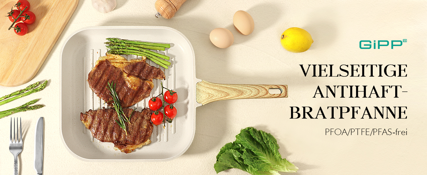 Сковорода-гриль GiPP 28x28 см, для стейків, індукційна, з алюмінію з гранітною антипригарним покриттям, без PFOA, для всіх типів плит, легко миється, біла