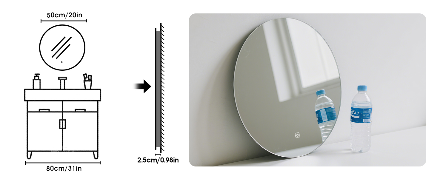 Круглий дзеркало для ванної кімнати MYGIIVOVO з підсвічуванням, LED, сенсорне управління, 3 кольори, 50 см