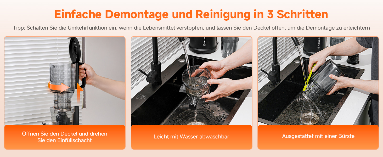 AOBOSI Повільнодіючий соковитискач з великою завантажувальною воронкою 135 мм, 200 Вт, холодний віджим, зворотний хід, потрійний фільтр, BPA-free, тихий, для свіжих соків з фруктів та овочів, чорний