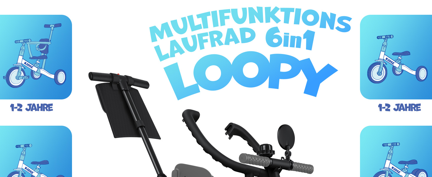 Біговел-триколіс KIDIZ 6-в-1 для дітей 1-5 років до 25 кг, з ручкою, захисним бампером, ременем безпеки, дзвінком та дзеркалом (Антрацит)