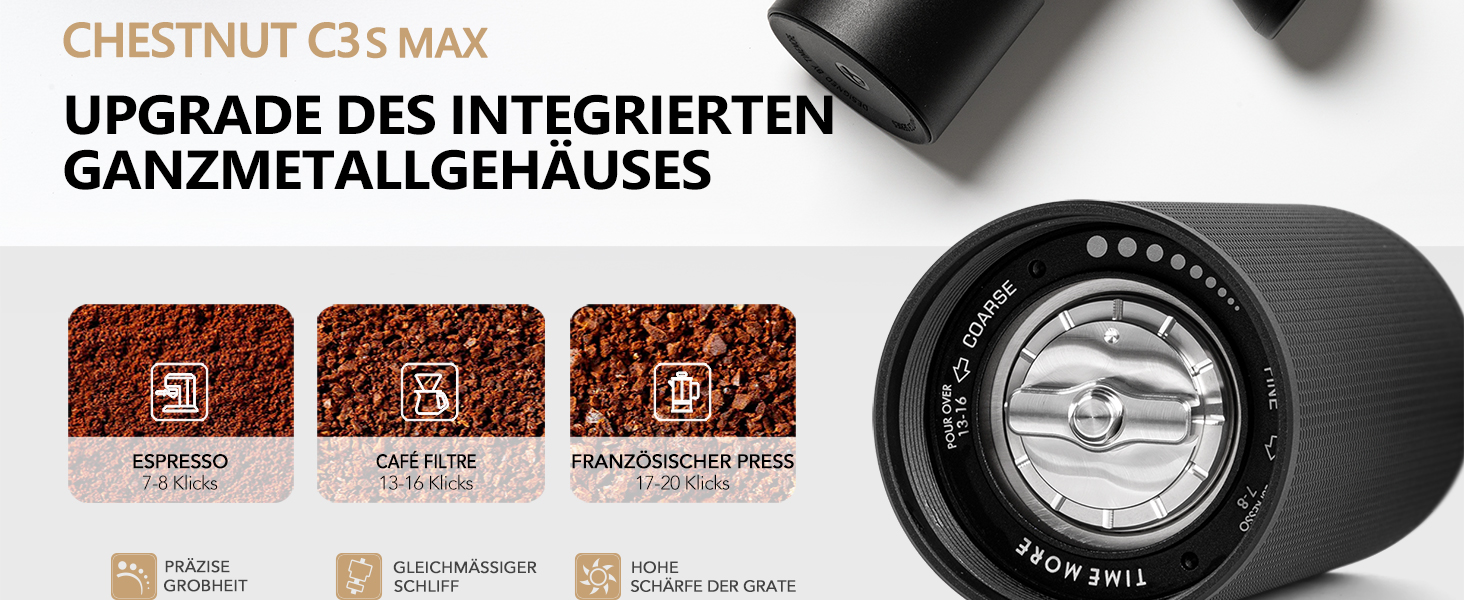 Ручна кавомолка TIMEMORE Chestnut C3S MAX, чорна: для еспресо та френч-прес, з металевим корпусом