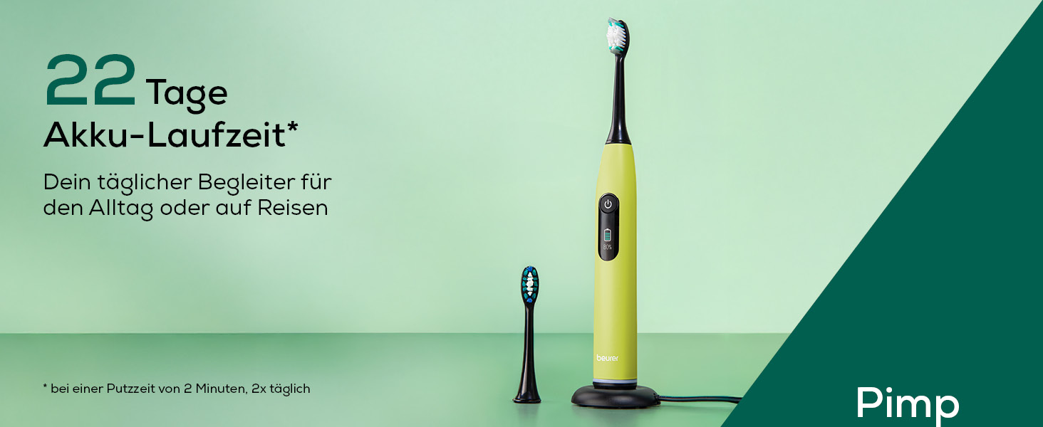 Електрична зубна щітка Beurer SC 30 Schallzahnbürste: 4 режими чищення, 80 000 коливань, таймер, LED-дисплей, 2 насадки, корпус з переробленого пластику (Splashy Lemon)
