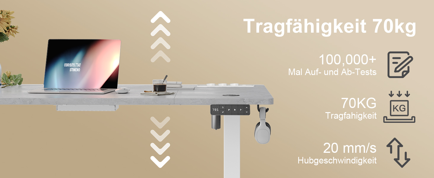 DEVOKO Стол для роботи з регулюванням висоти 140 x 70 см з розеткою, бездротовою зарядкою та USB – Електричний стіл для комп'ютера з функцією пам'яті та кабельною організацією – Ідеально для геймінгу та офісу, сірий 140 x 70 см